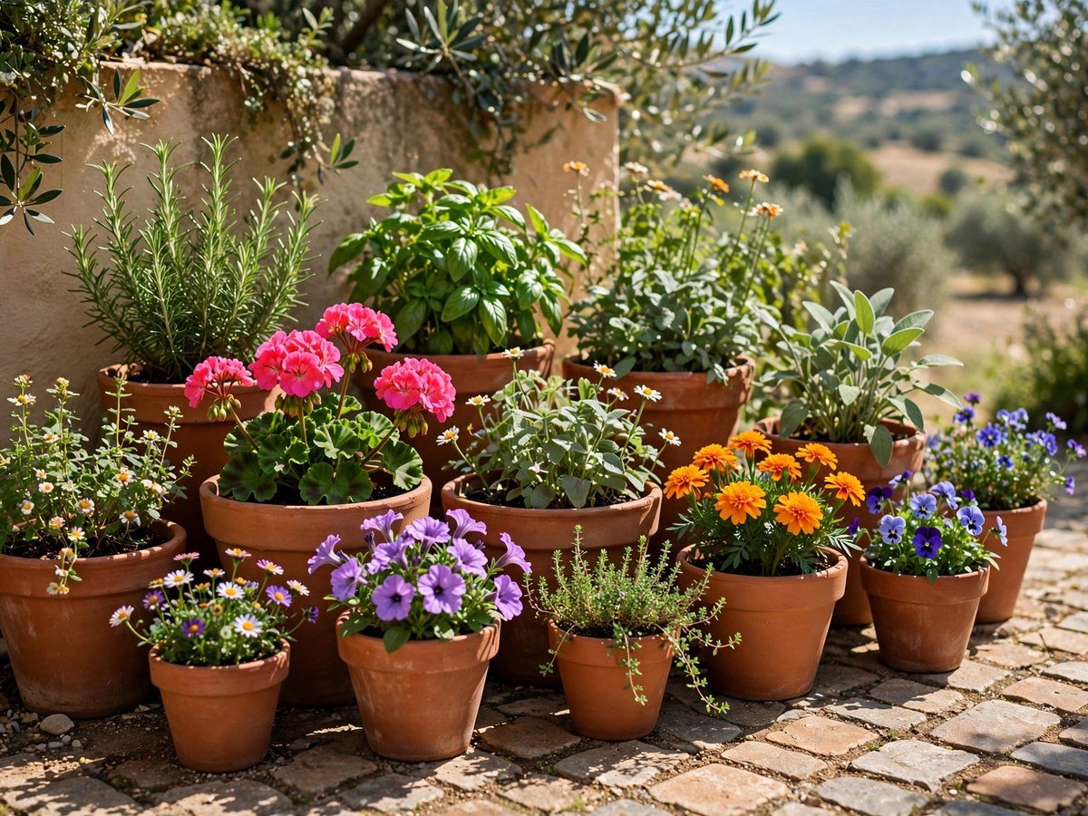 Compact Garden Inspiration Cluster of terracotta containers with colorful flowers on a small patio