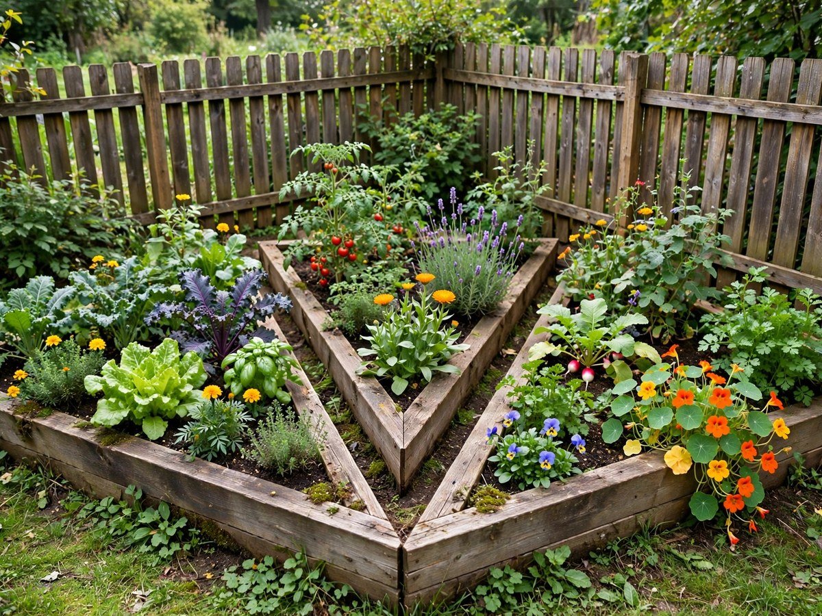 Space-Saving Garden Designs Triangular corner raised beds planted with vegetables