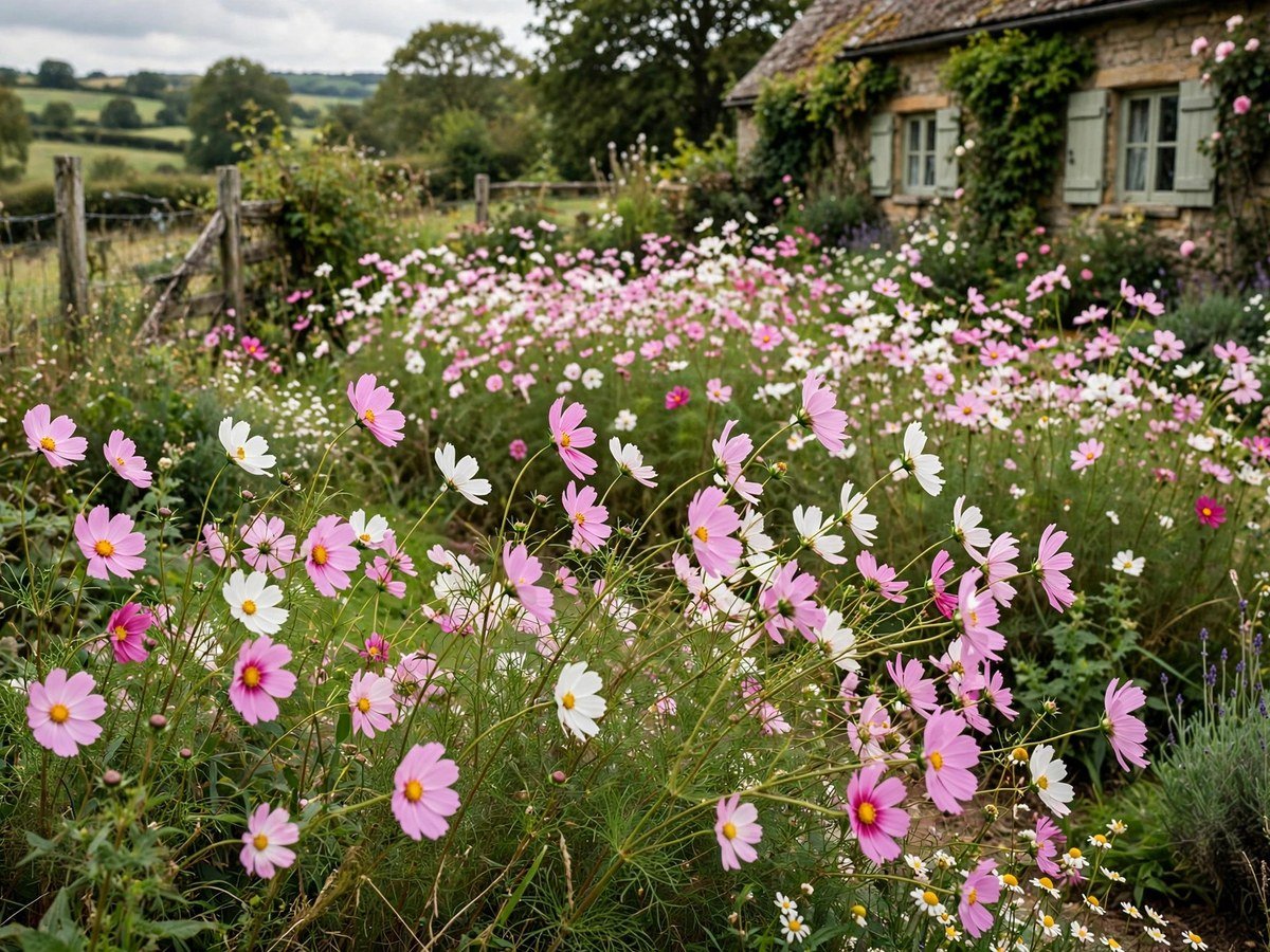 Easy Flowers to Grow at Home Pink and white cosmos flowers swaying in a cottage garden