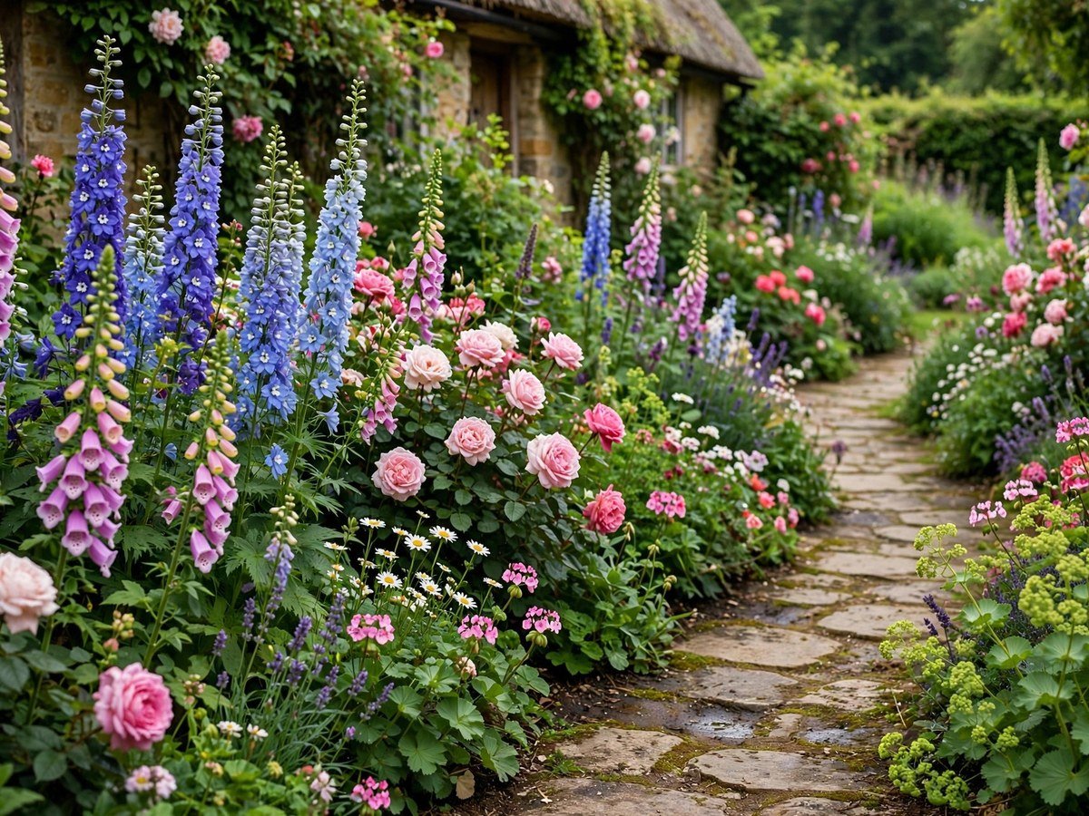 Flower Garden Layout Ideas Lush cottage garden border with roses, delphiniums and foxgloves