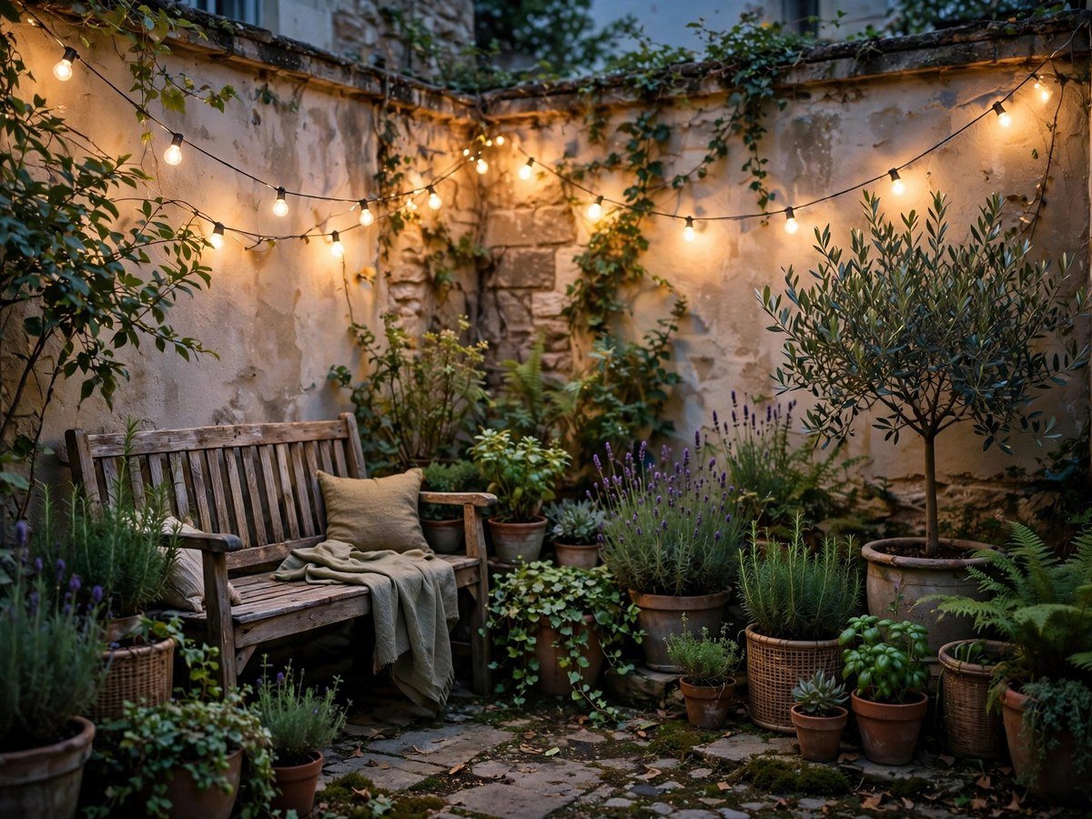 Compact Garden Inspiration Intimate courtyard nook with container plants, string lights and a small bench