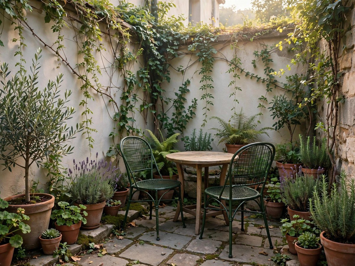 Compact Garden Inspiration Cozy small courtyard garden with potted plants and a bistro seating nook