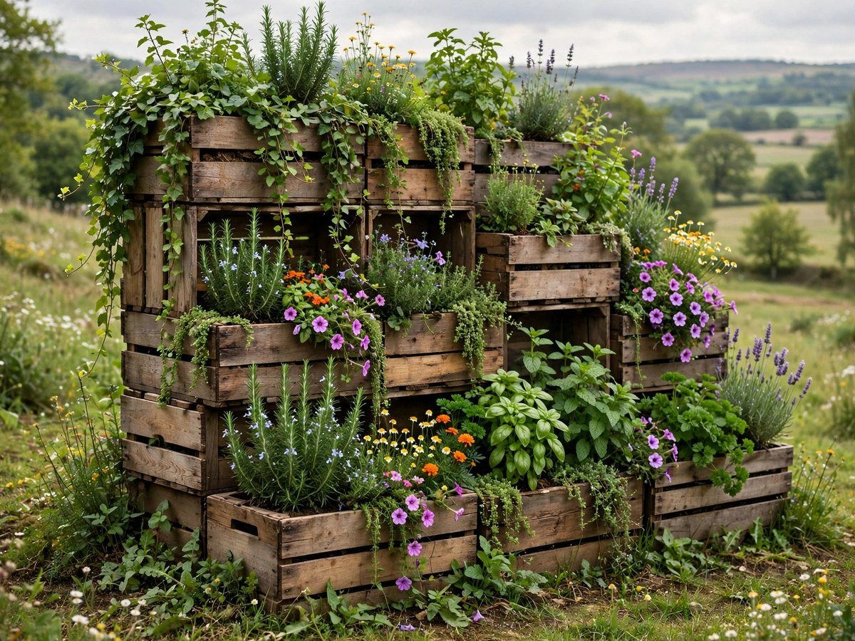 DIY Vertical Garden Projects Stacked wooden crates planted with herbs and flowers
