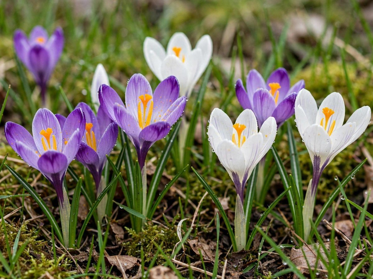 Purple and white crocus flowers blooming through green grass in early spring