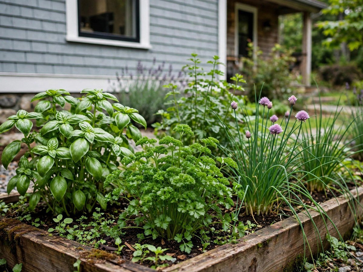 Herbal Garden Ideas 2026 Culinary herbs including basil and parsley in a kitchen garden bed