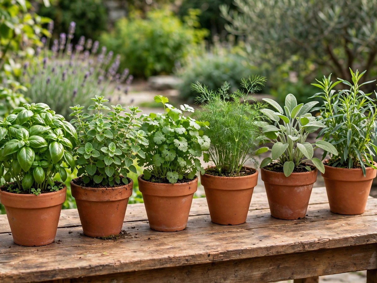 Fresh culinary herbs growing in pots in a sunny kitchen garden