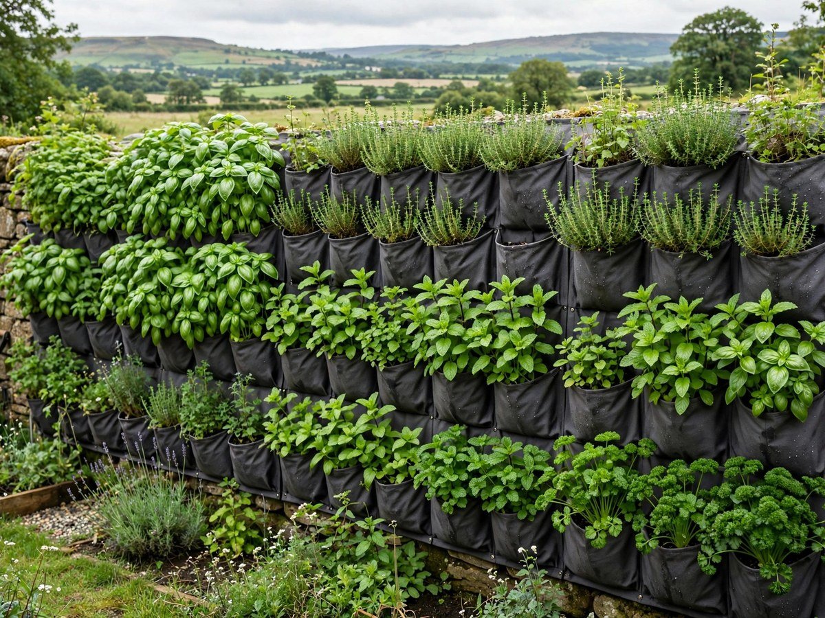 Culinary herbs basil, thyme and mint in vertical fabric pockets