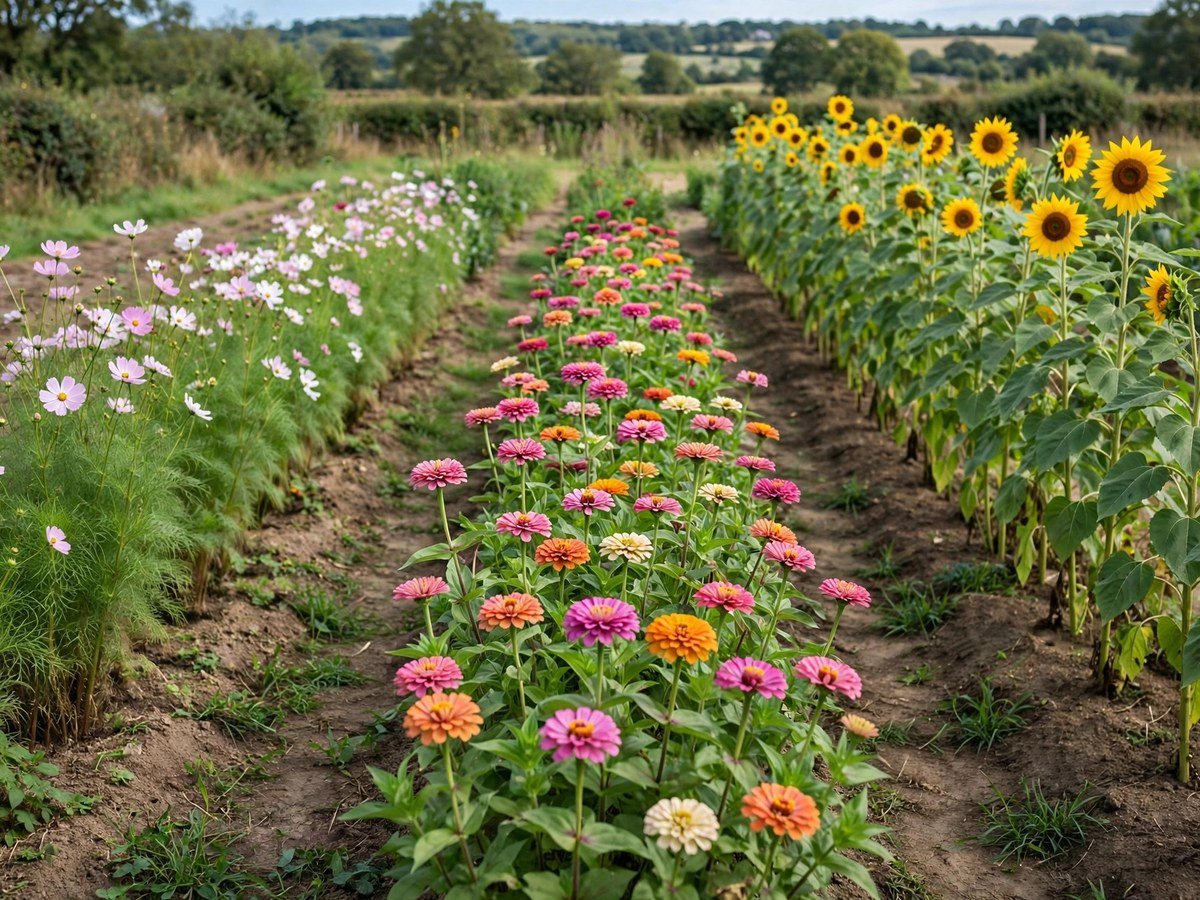 Flower Garden Layout Ideas Cutting garden row with zinnias, cosmos and sunflowers for bouquets