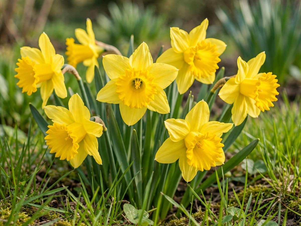Cheerful yellow daffodils blooming in a spring garden