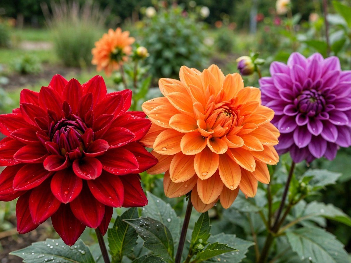 Colorful Garden Flowers You'll Love Bold red, orange and purple dahlia blooms in a garden