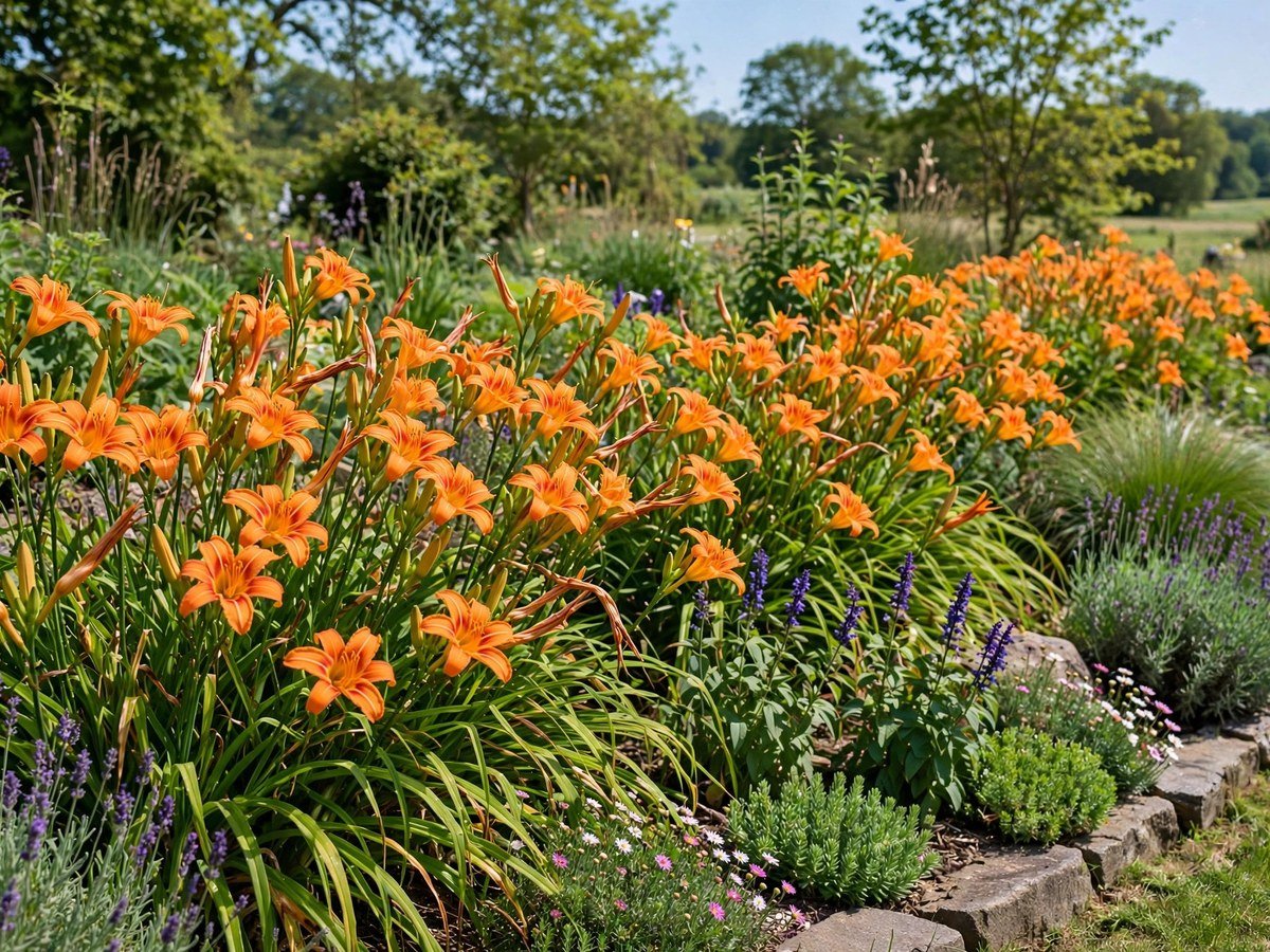 Best Flowering Plants for Every Garden Orange daylilies blooming in a sunny perennial border