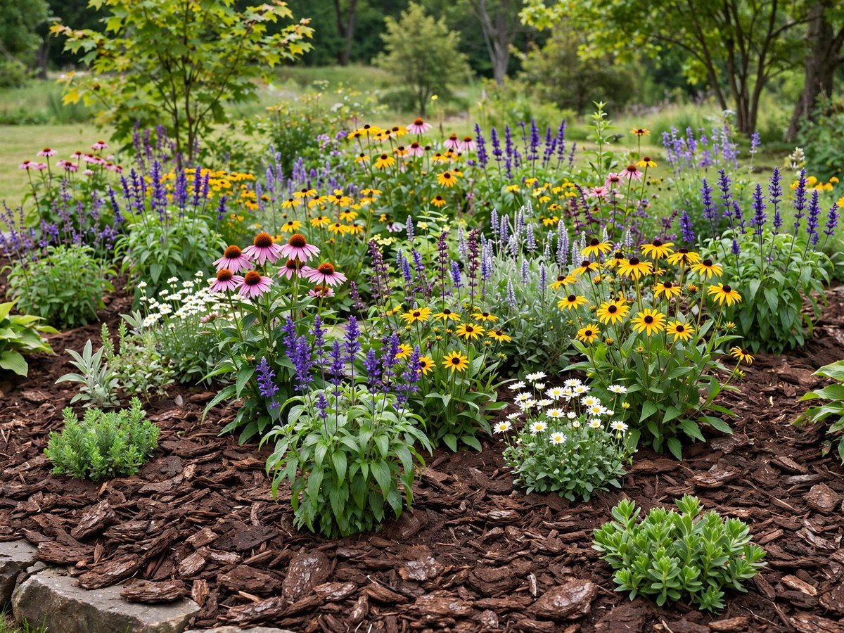 Low Maintenance Flower Gardens Flower bed with deep bark mulch around healthy perennials