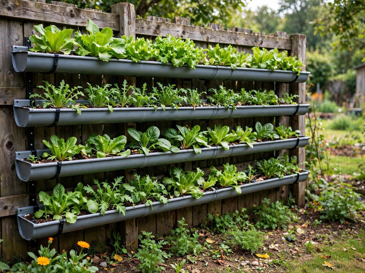 DIY Vertical Garden Projects DIY gutter garden system mounted on a wooden fence