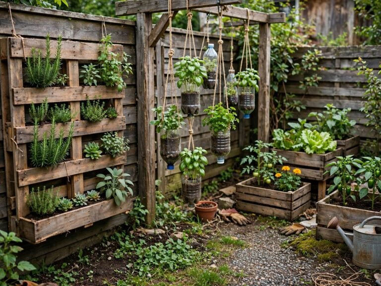 Handmade DIY vertical garden projects with pallet planter and bottle garden
