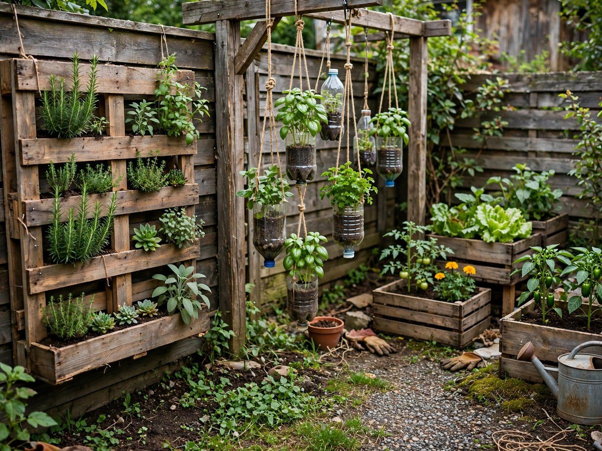 Handmade DIY vertical garden projects with pallet planter and bottle garden
