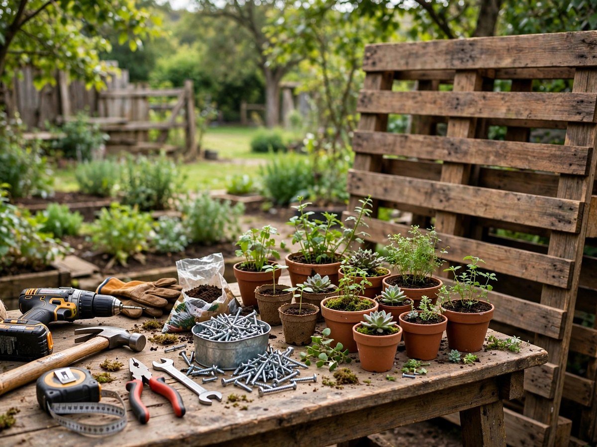 DIY Vertical Garden Projects DIY tools and materials laid out for building a vertical garden
