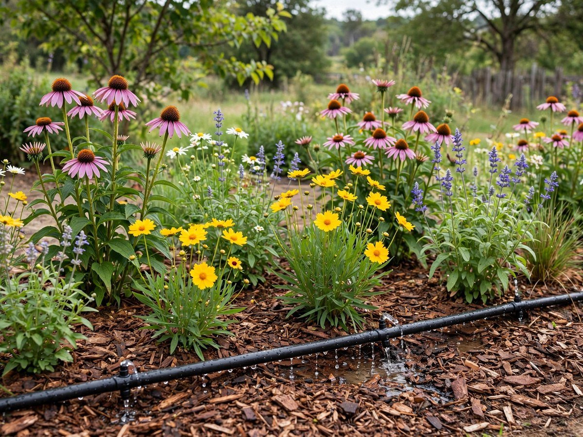 Low Maintenance Flower Gardens Drip irrigation watering a mulched bed of blooming perennials