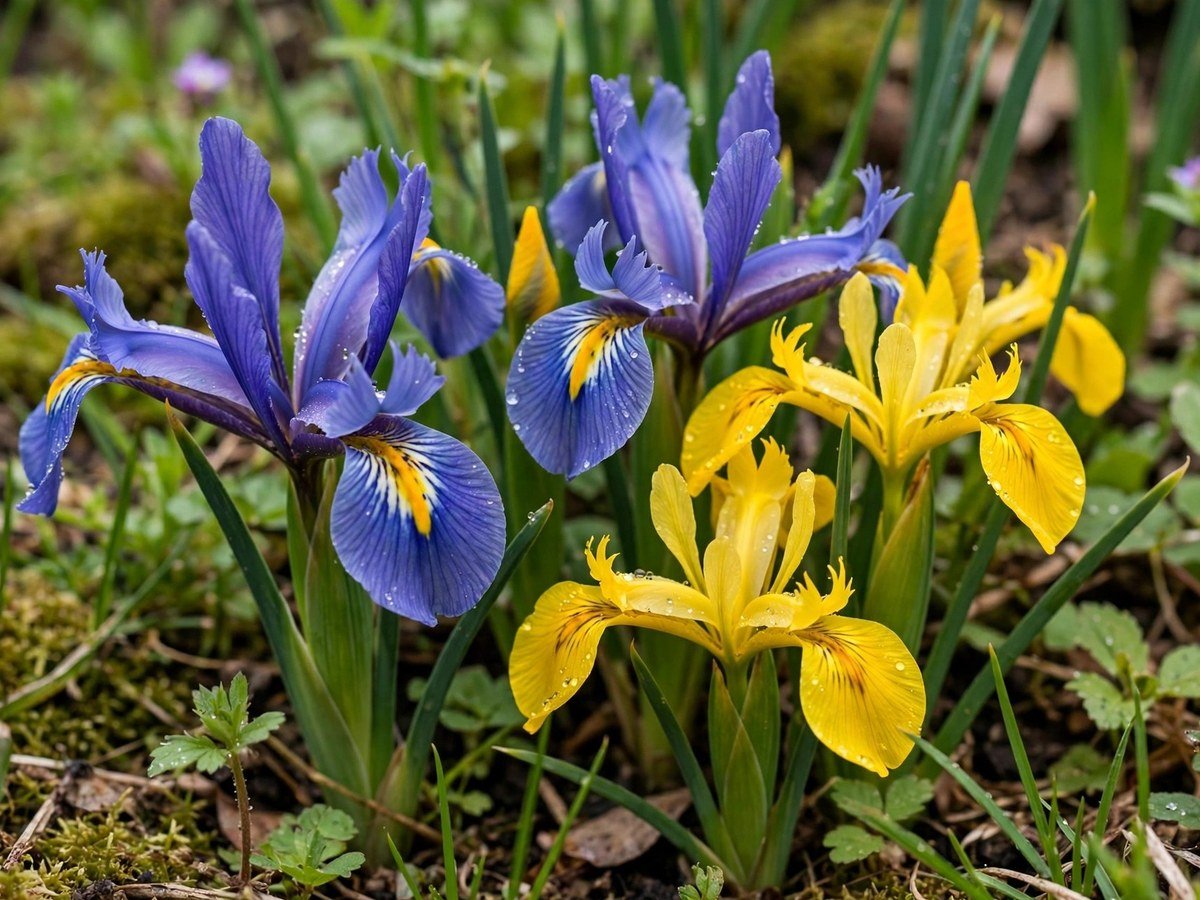 Blue and yellow Dutch iris flowers in a spring garden