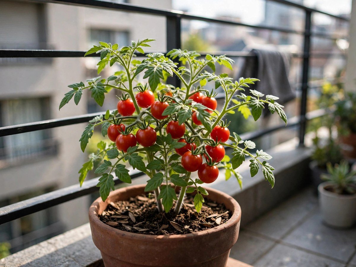 Dwarf cherry tomato plant with ripe fruits in a balcony pot