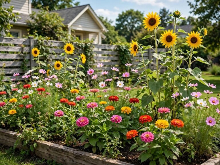 Cheerful home garden bed full of easy colorful flowers in bloom