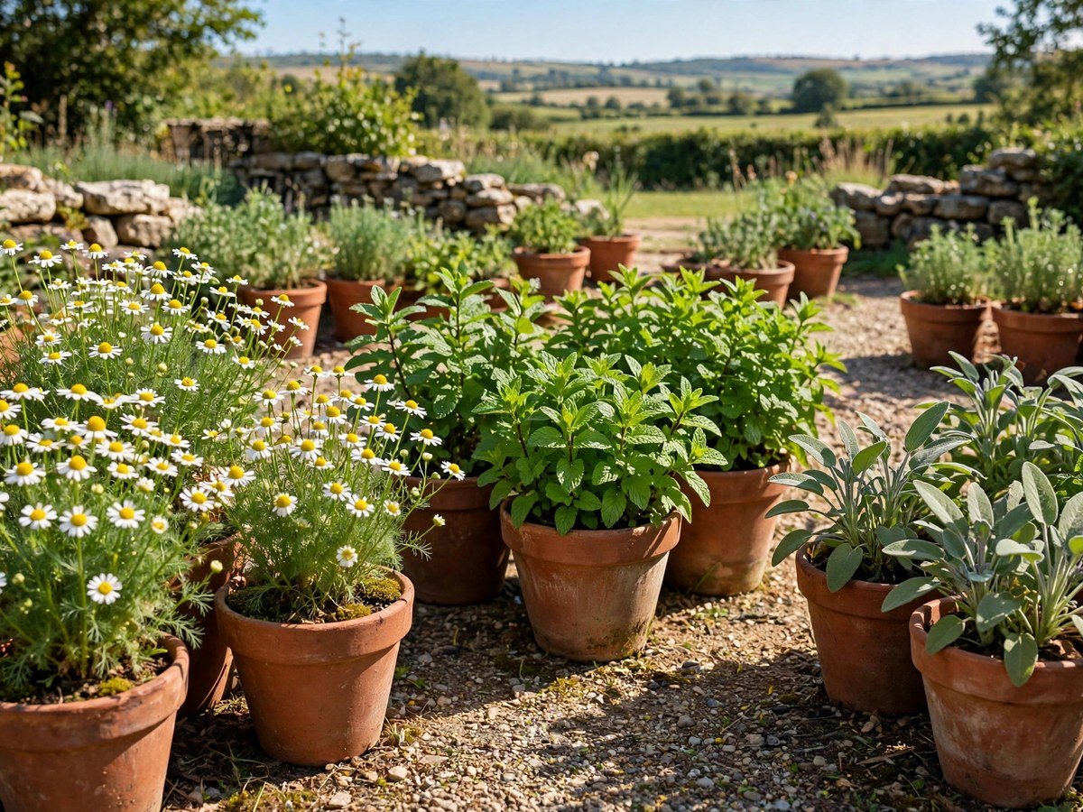 Medicinal herbs growing in pots in a small sunny garden