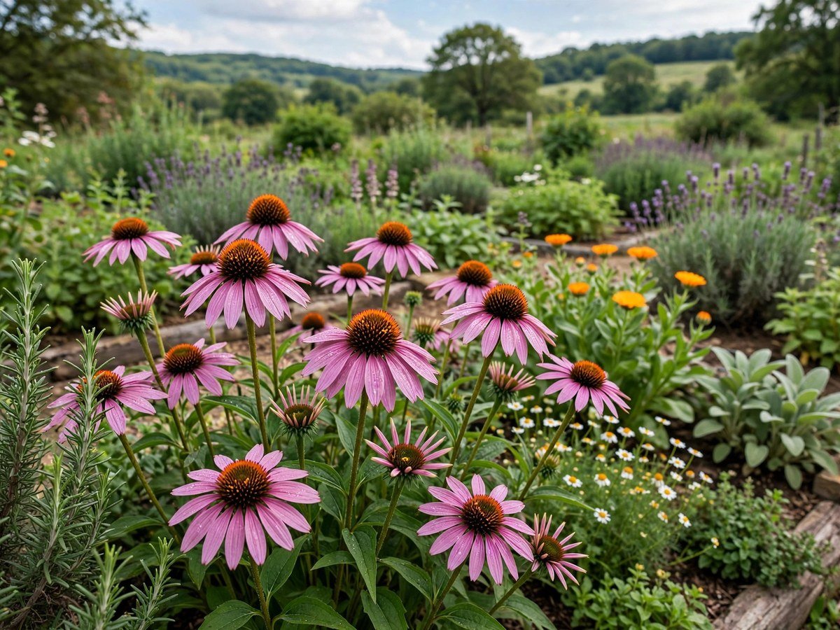 Best Medicinal Plants to Grow at Home Purple echinacea coneflowers blooming in a medicinal garden