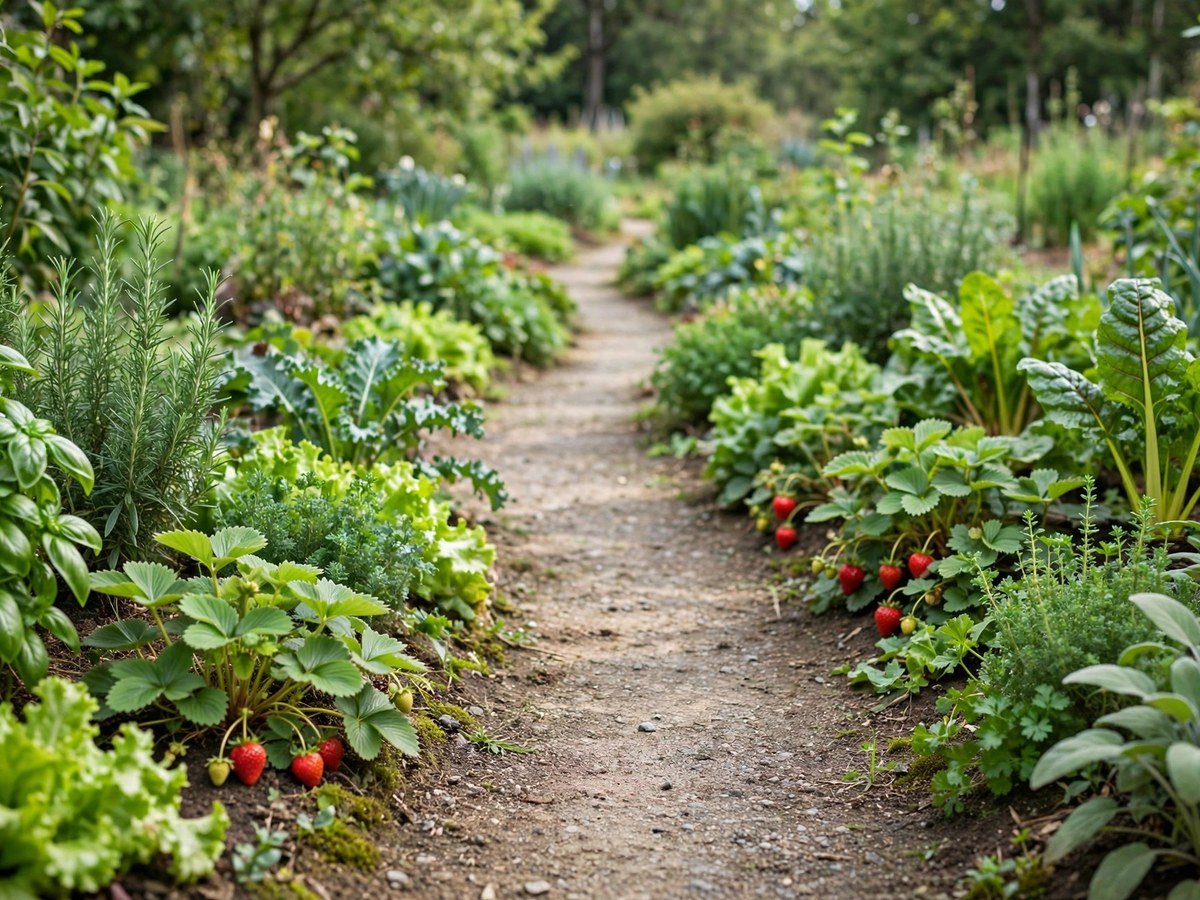 Space-Saving Garden Designs Garden path edged with edible herbs and strawberry plants