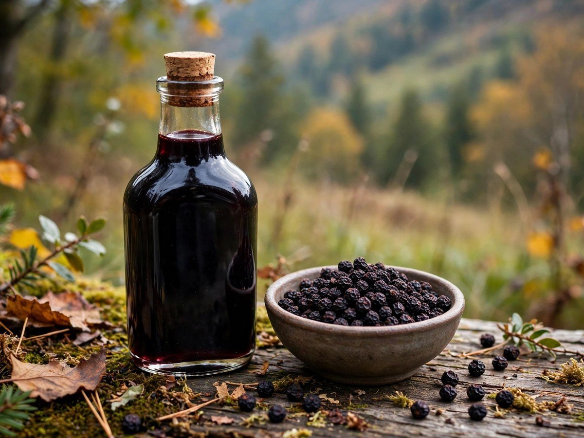 Homegrown Herbal Remedies Bottle of dark elderberry syrup with dried elderberries in a bowl