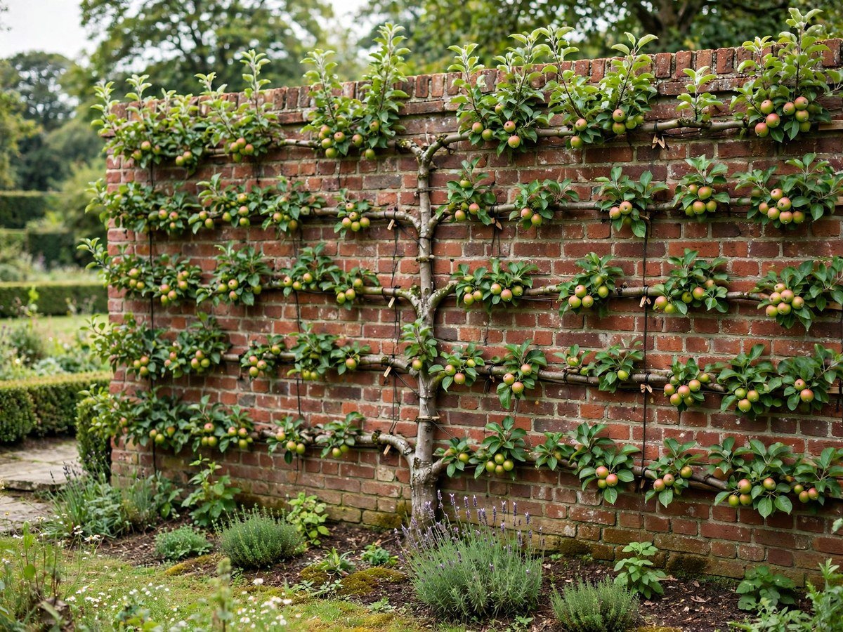 Compact Garden Inspiration Espaliered apple tree trained flat against a garden wall with fruit