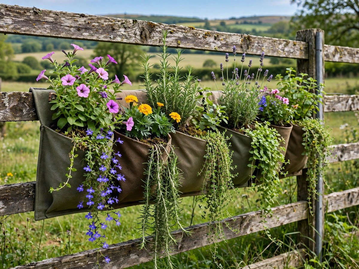 Fabric pocket planters hung on a fence growing flowers and herbs