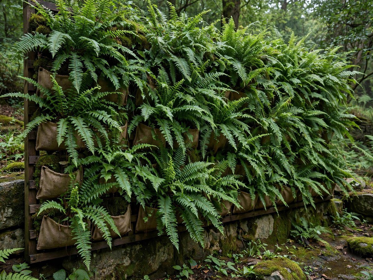 Boston ferns thriving in a shaded vertical garden wall