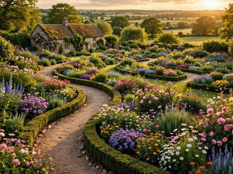 Beautiful flower garden layout with colorful beds and winding path