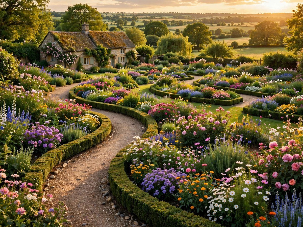 Beautiful flower garden layout with colorful beds and winding path