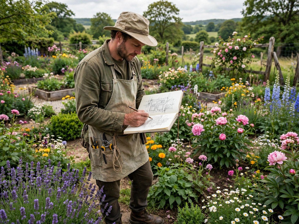 Flower Garden Layout Ideas Gardener sketching a flower garden layout plan in a blooming garden