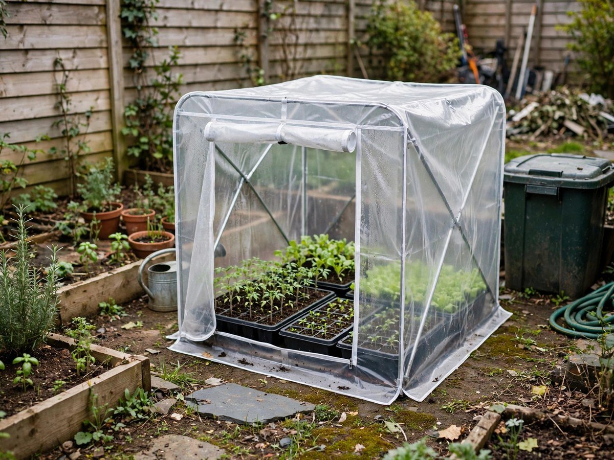 Space-Saving Garden Designs Small foldable greenhouse sheltering seedlings in a backyard