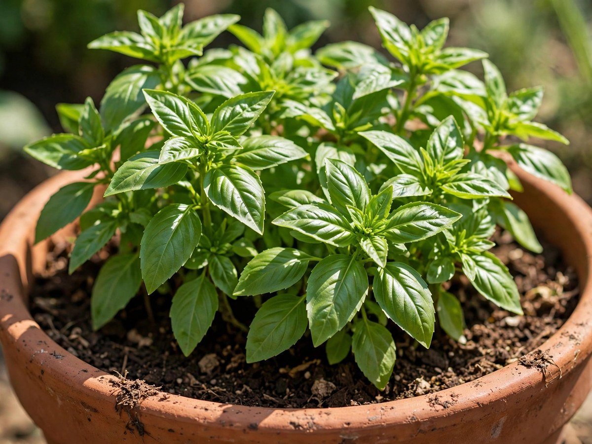Culinary Herbs for Every Kitchen Lush green basil plants growing in a terracotta pot in bright sunlight