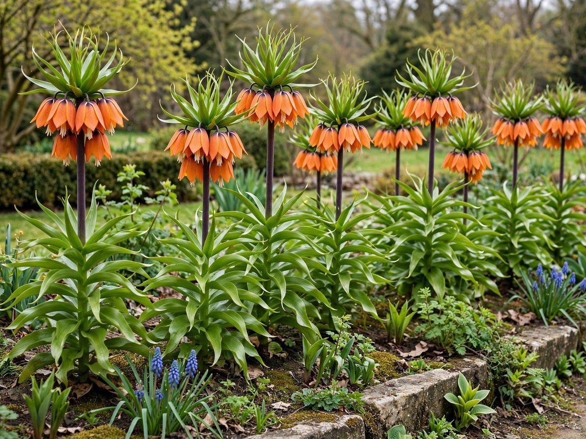Orange crown imperial fritillaria flowers blooming in a spring garden