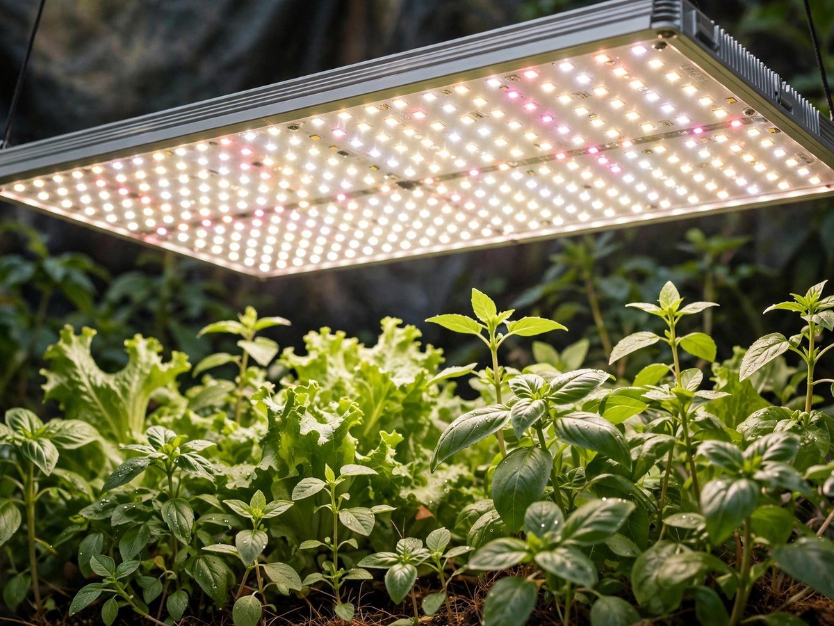 Best LED Grow Lights for Plants Rectangular full-spectrum LED grow light panel glowing above leafy plants
