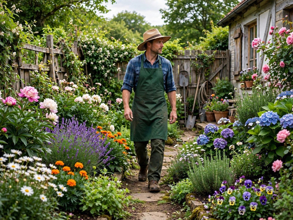 Best Flowering Plants for Every Garden Gardener walking through a vibrant garden filled with blooming flowering plants