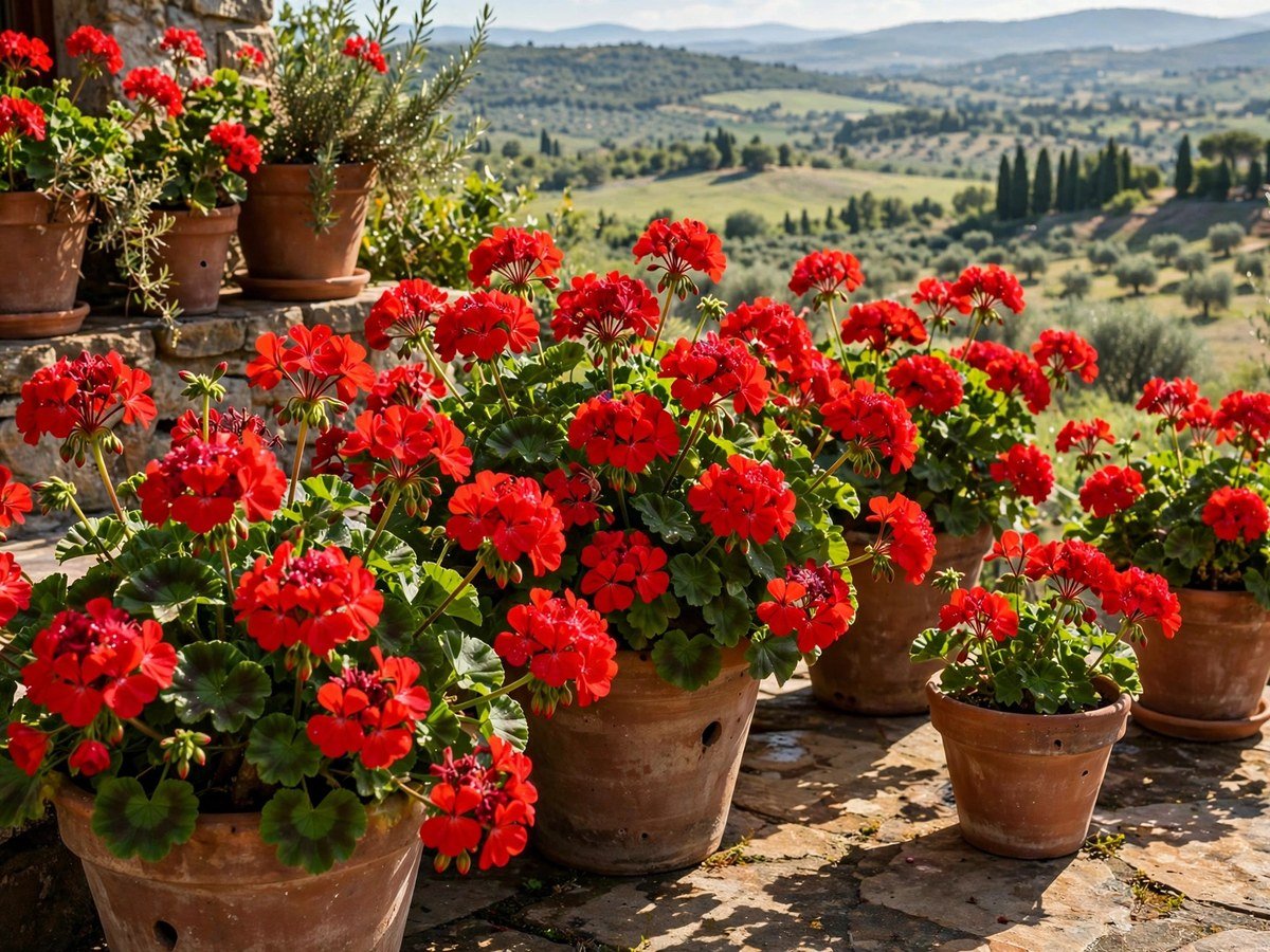 Colorful Garden Flowers You'll Love Bright red geraniums blooming in terracotta pots on a patio