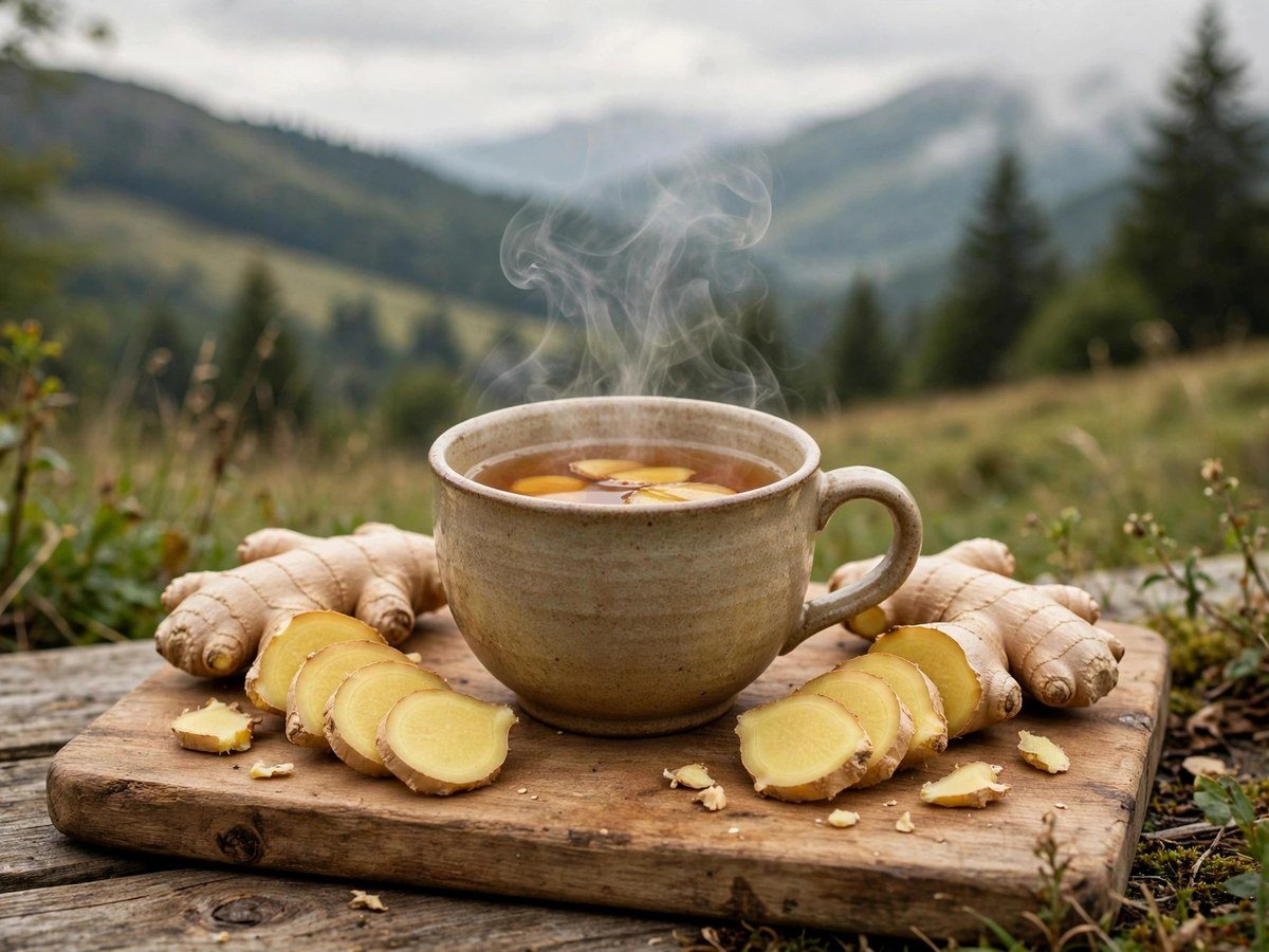 Homegrown Herbal Remedies Steaming cup of ginger decoction with fresh ginger root slices