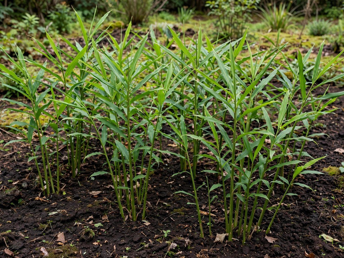 Ginger plants with tall green stalks growing in rich garden soil