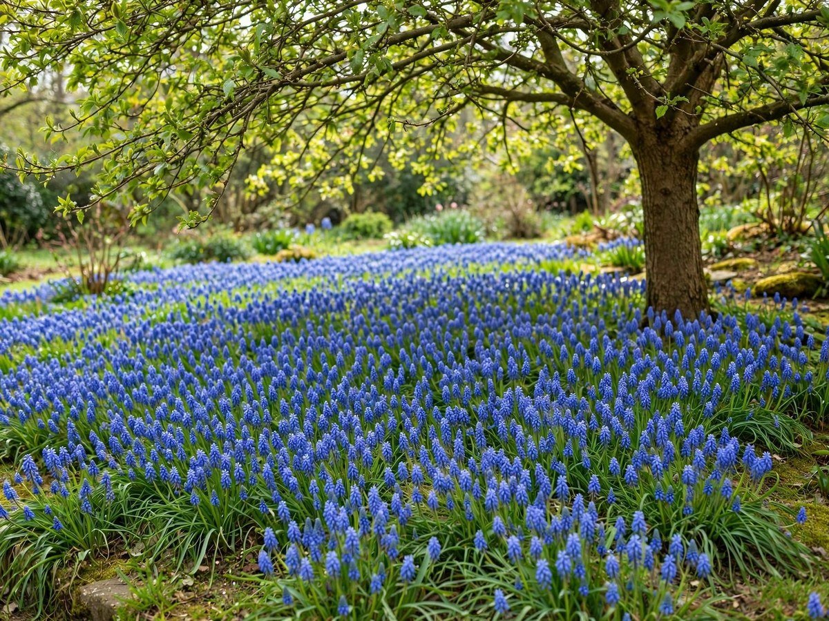 Blue grape hyacinth muscari flowers carpeting a spring garden bed