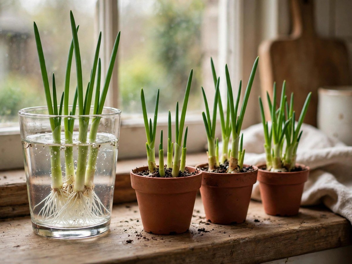 Green onions regrowing in a glass of water on a kitchen windowsill
