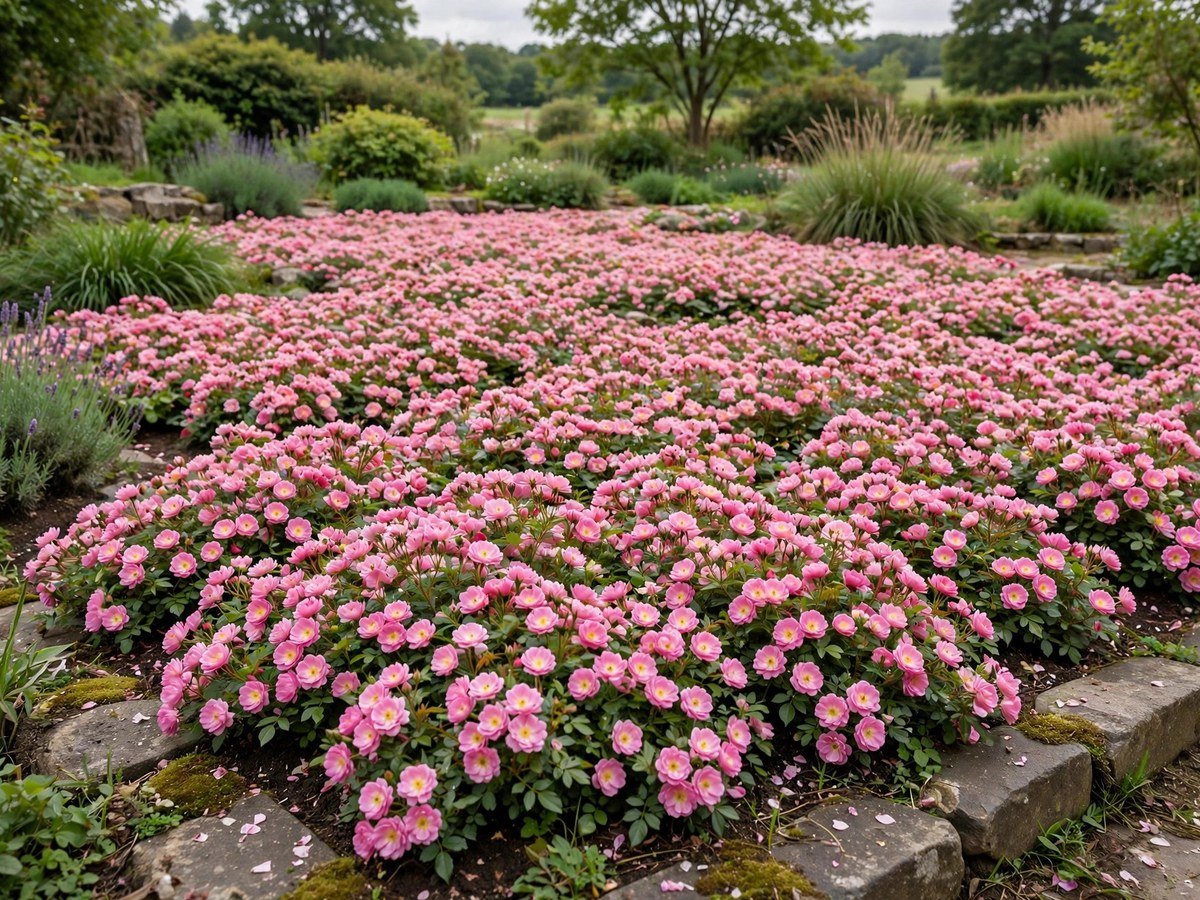 Low Maintenance Flower Gardens Groundcover roses carpeting a garden bed with pink blooms