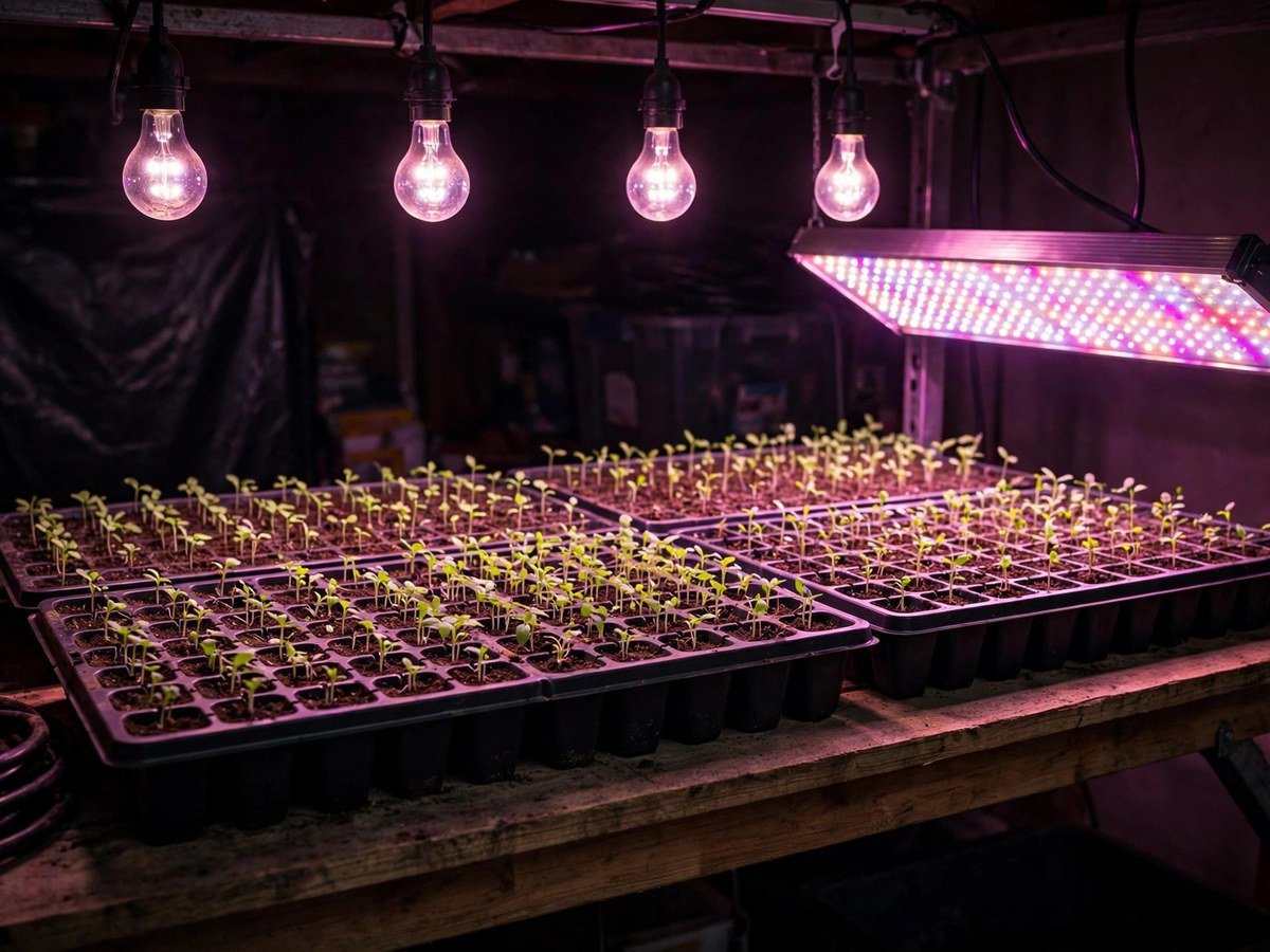 Indoor Plant Lighting Guide Grow light bulbs and LED panel glowing above indoor seedlings
