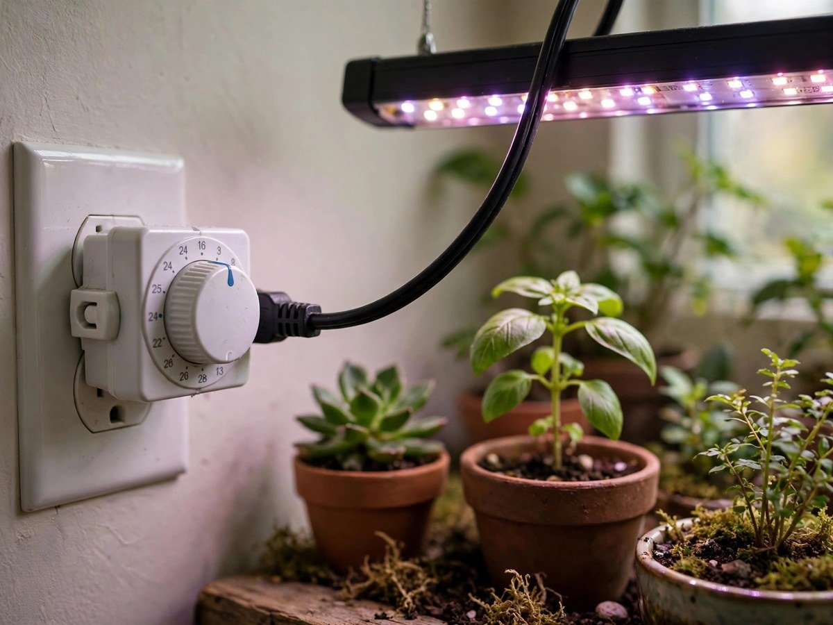 Winter Indoor Gardening with Grow Lights Plug-in timer switch connected to an LED grow light over indoor plants