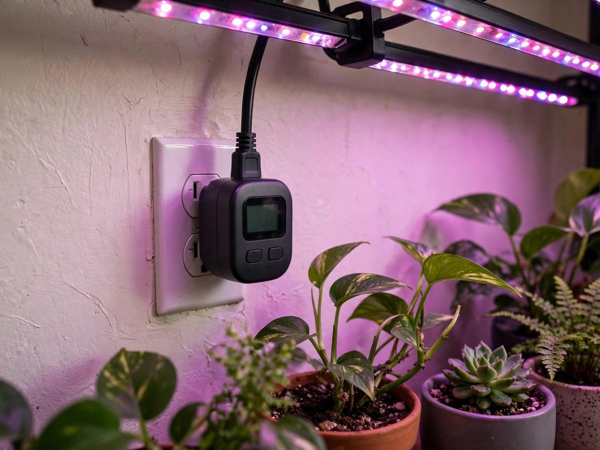 Best LED Grow Lights for Plants Digital timer plugged into a wall outlet controlling LED grow lights over houseplants