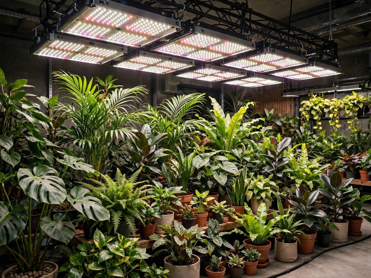 Best LED Grow Lights for Plants Powerful LED grow light fixture illuminating a large indoor plant collection