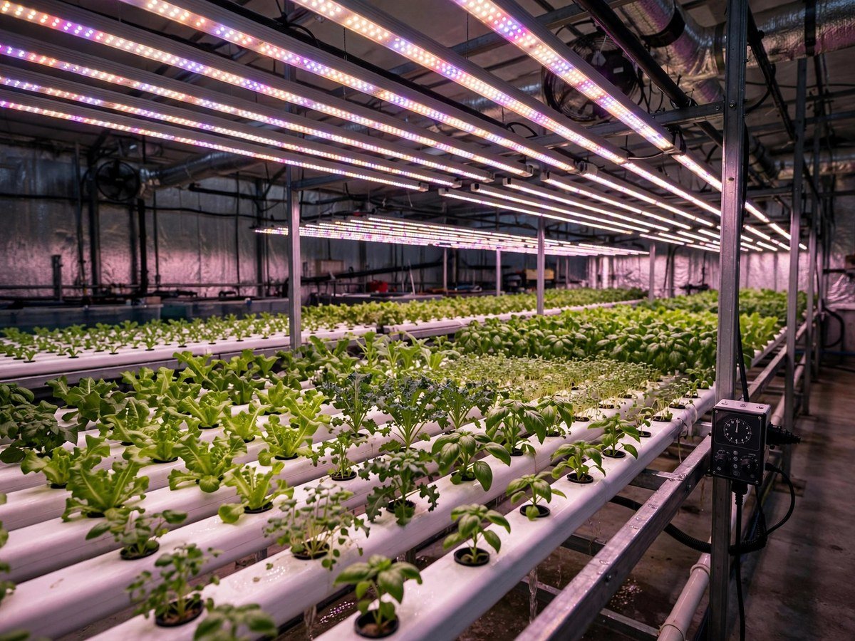Hydroponic Vegetable Gardening Tips Full-spectrum LED grow lights glowing over hydroponic vegetable plants